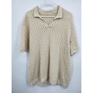 Marine Layer Knit Polo Men XXL Cream Cotton Linen Zigzag Pointelle Sweater Shirt